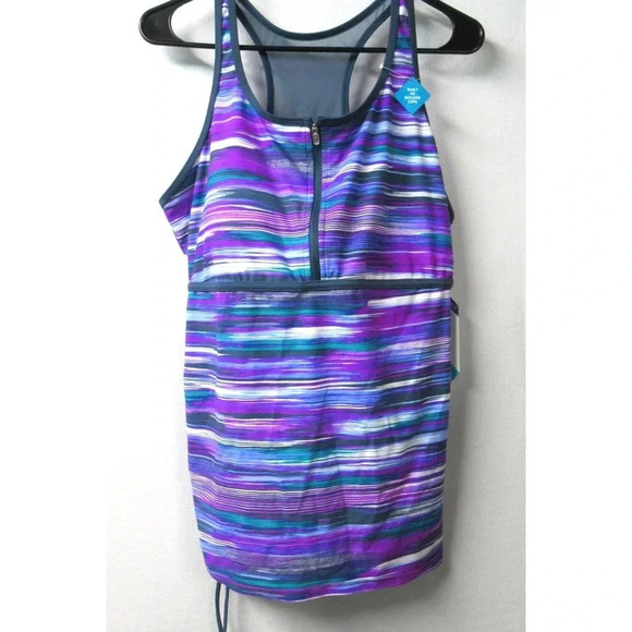 FREE COUNTRY Womens Purple Stripes Racer Tankini Swim Suit Top ONLY size XXL NWT - Picture 1 of 10